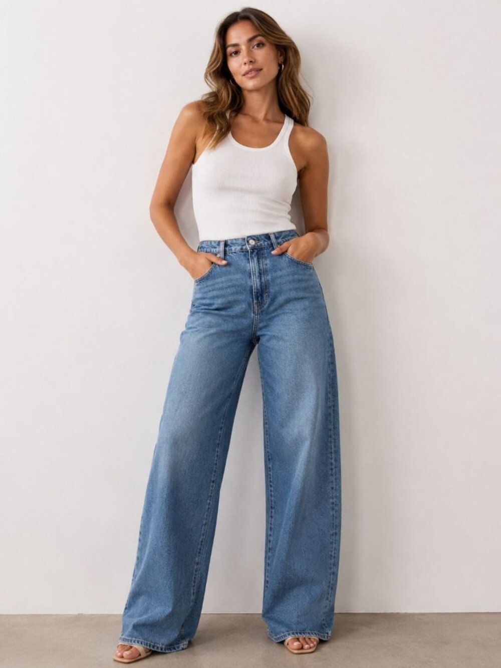 H&M Wide High Waist Jeans in a classic mid-to-light denim blue wash Size 4 Boho